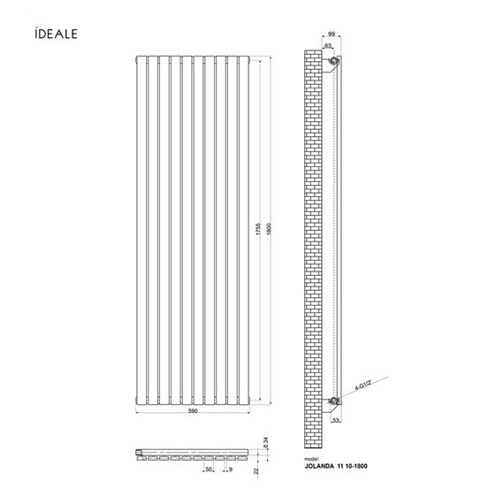 Батарея вертикальна Ideale Jolanda 1 1800х590 бокове підключення антрацит - 10 секцій, Висота: 1800, Довжина: 590, Трубність: 1 трубний, зображення 4