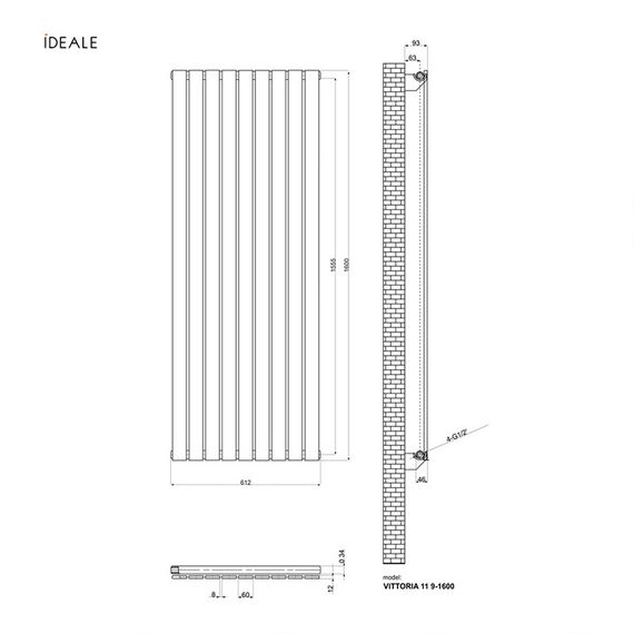 Батарея вертикальна Ideale Vittoria 1 1600х612 бокове підключення антрацит - 9 секцій, Висота: 1600, Довжина: 612, Трубність: 1 трубний, зображення 4