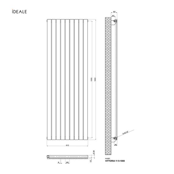 Батарея вертикальна Ideale Vittoria 1 1800х612 бокове підключення білий - 9 секцій, Висота: 1800, Довжина: 612, Трубність: 1 трубний, зображення 3
