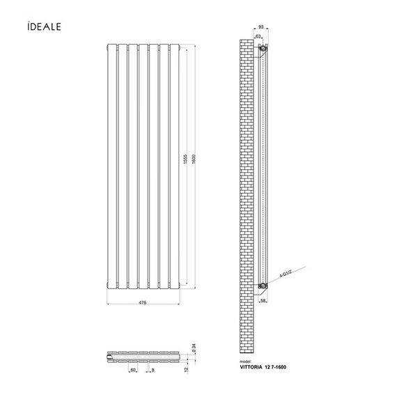 Батарея вертикальна Ideale Vittoria 2 1600х476 бокове підключення білий - 7 секцій, Висота: 1600, Довжина: 476, Трубність: 2 трубний, зображення 3
