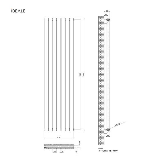 Батарея вертикальна Ideale Vittoria 2 1800х476 бокове підключення чорний - 7 секцій, Висота: 1800, Довжина: 476, Трубність: 2 трубний, зображення 4