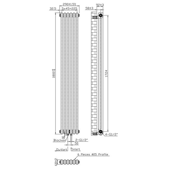 Трубчастий радіатор Warm Well Column 2 1800x290 (Чорний, підкл. нижнє) 6 секцій, Колір: Чорний, Висота: 1800, Довжина: 290, Трубність: 2 трубний, Підключення: Нижнє, Обігріваєма площа: 11, Тепловіддача, 75/65 (Δ 50): 840, зображення 6