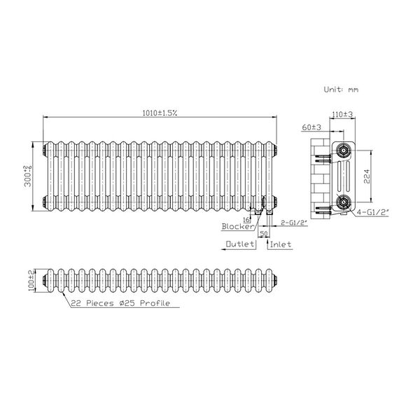 Трубчастий радіатор Warm Well Column 3 300x1010 (Білий підкл. бокове) 22 секцій, Колір: Білий, Висота: 300, Довжина: 1010, Підключення: Бокове, Обігріваєма площа: 10, зображення 3