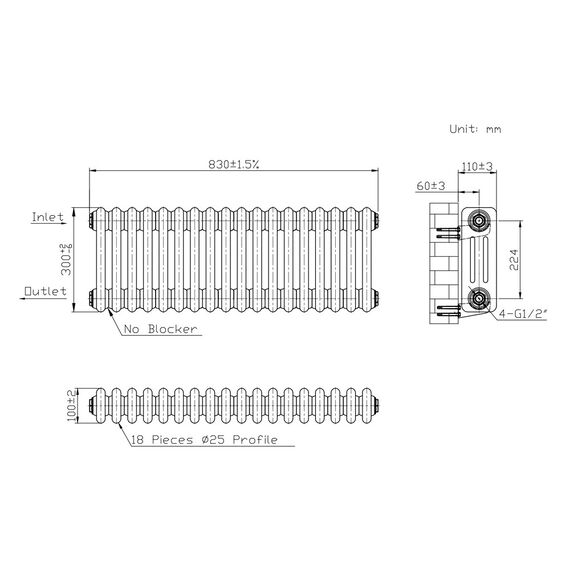 Трубчастий радіатор Warm Well Column 3 300x830 (Білий підкл. бокове) 18 секцій, Колір: Білий, Висота: 300, Довжина: 830, Підключення: Бокове, Обігріваєма площа: 8, зображення 4