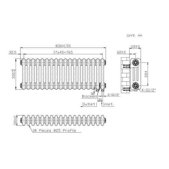 Трубчастий радіатор Warm Well Column 3 300x830 (Білий підкл. нижнє) 18 секцій, Колір: Білий, Висота: 300, Довжина: 830, Підключення: Нижнє, Обігріваєма площа: 8, зображення 4