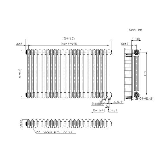 Трубчастий радіатор Warm Well Column 3 500x1010 (Чорний підкл. нижнє) 22 секцій, Колір: Чорний, Висота: 500, Довжина: 1010, Підключення: Нижнє, Обігріваєма площа: 17, зображення 3
