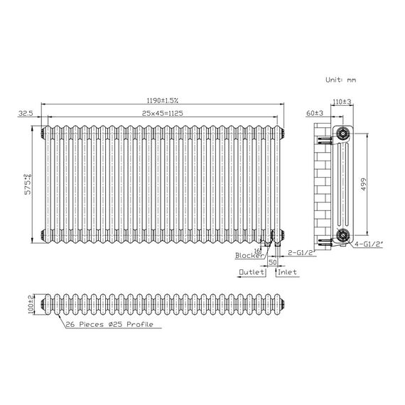 Трубчастий радіатор Warm Well Column 3 500x1190 (Білий підкл. нижнє) 26 секцій, Колір: Білий, Висота: 500, Довжина: 1190, Підключення: Нижнє, Обігріваєма площа: 20, зображення 3