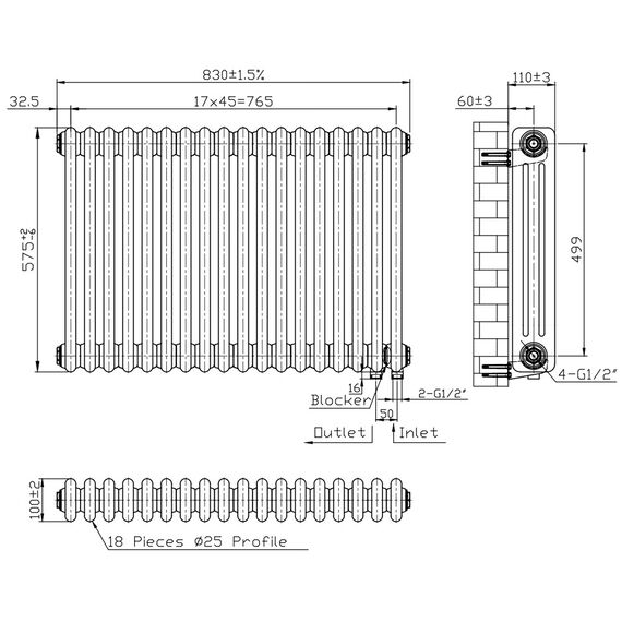 Трубчастий радіатор Warm Well Column 3 500x830 (Білий підкл. нижнє) 18 секцій, Колір: Білий, Висота: 500, Довжина: 830, Підключення: Нижнє, Обігріваєма площа: 14, зображення 3